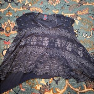 Johnny Was Flowy Tunic Navy Embroidered Top